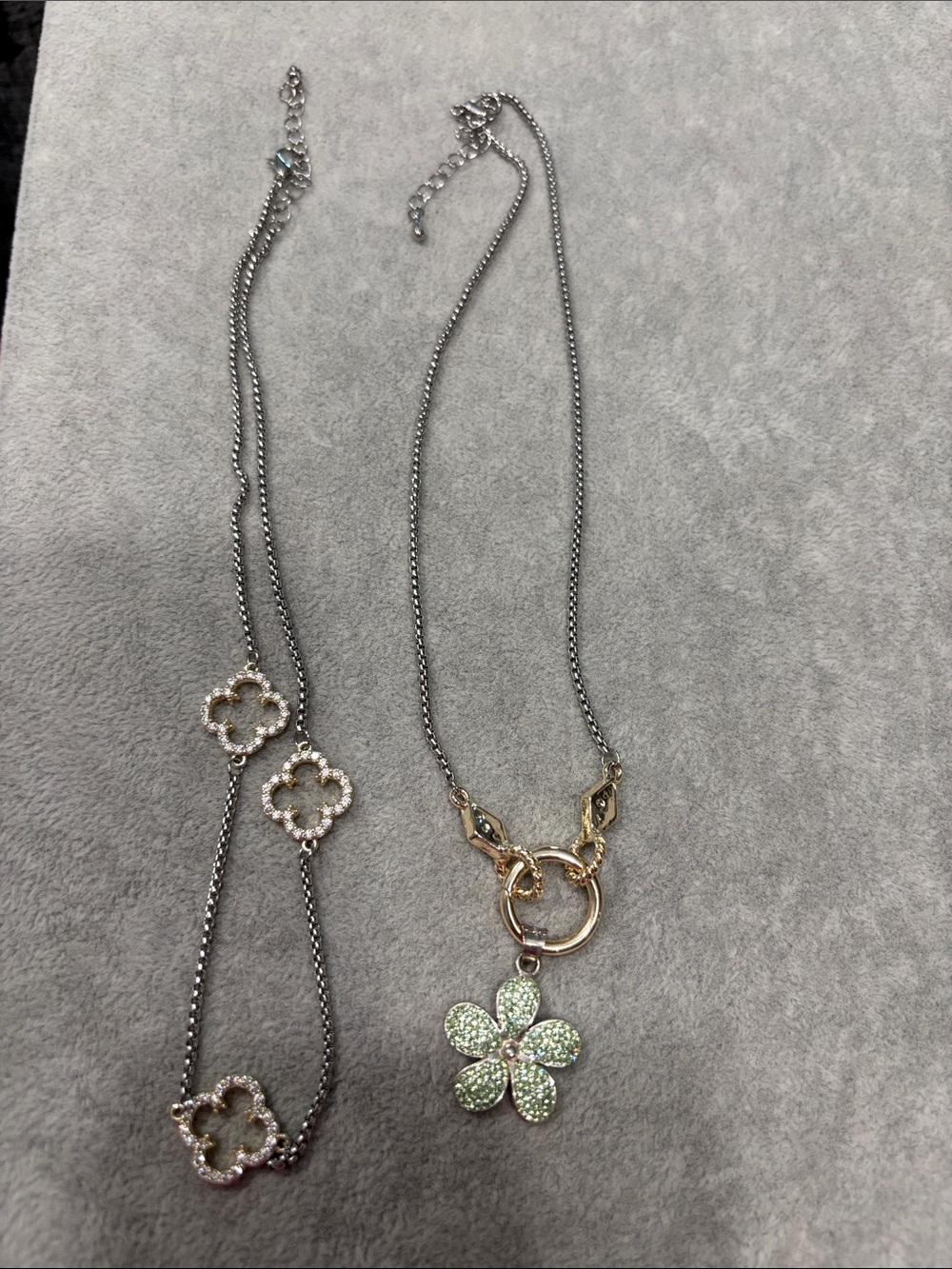 Silver-tone Flower Pendant Necklace with Green Pavé Accents